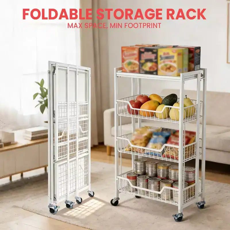 4-Tier Foldable Utility Kitchen Organizer and Storage Cart with Baskets, Rolling Pantry Kitchen Cart on Wheels for Fruit, Potato, Vegetable, Snack