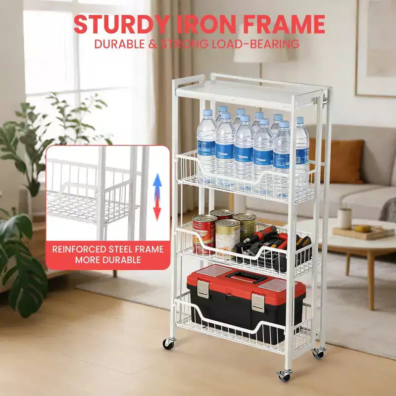 4-Tier Foldable Utility Kitchen Organizer and Storage Cart with Baskets, Rolling Pantry Kitchen Cart on Wheels for Fruit, Potato, Vegetable, Snack