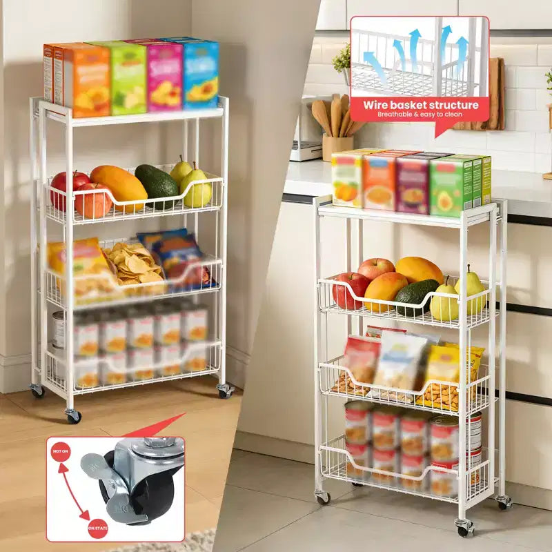 4-Tier Foldable Utility Kitchen Organizer and Storage Cart with Baskets, Rolling Pantry Kitchen Cart on Wheels for Fruit, Potato, Vegetable, Snack