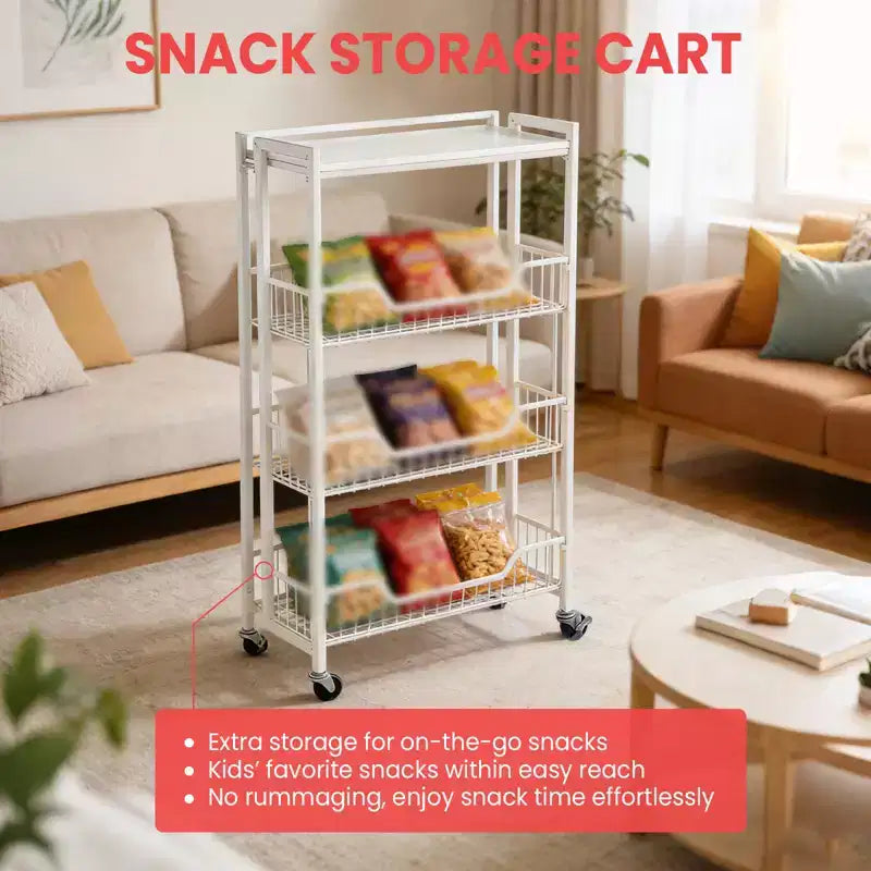 4-Tier Foldable Utility Kitchen Organizer and Storage Cart with Baskets, Rolling Pantry Kitchen Cart on Wheels for Fruit, Potato, Vegetable, Snack