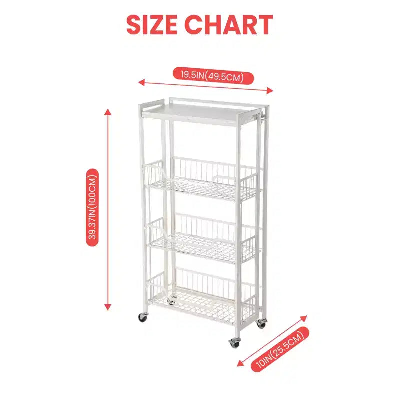 4-Tier Foldable Utility Kitchen Organizer and Storage Cart with Baskets, Rolling Pantry Kitchen Cart on Wheels for Fruit, Potato, Vegetable, Snack