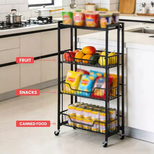 4-Tier Foldable Utility Kitchen Organizer and Storage Cart with Baskets, Rolling Pantry Kitchen Cart on Wheels for Fruit, Potato, Vegetable, Snack