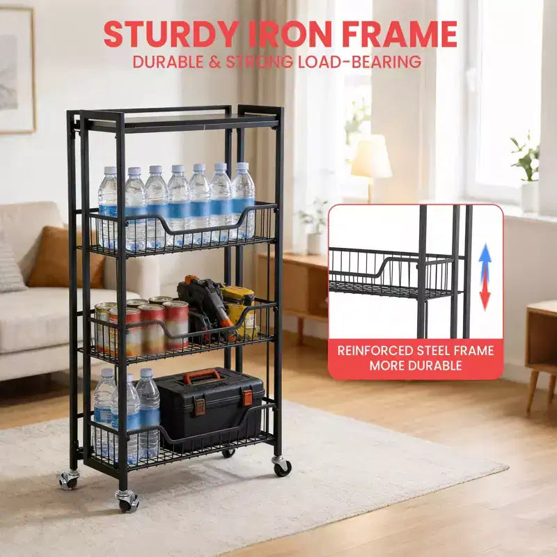 4-Tier Foldable Utility Kitchen Organizer and Storage Cart with Baskets, Rolling Pantry Kitchen Cart on Wheels for Fruit, Potato, Vegetable, Snack