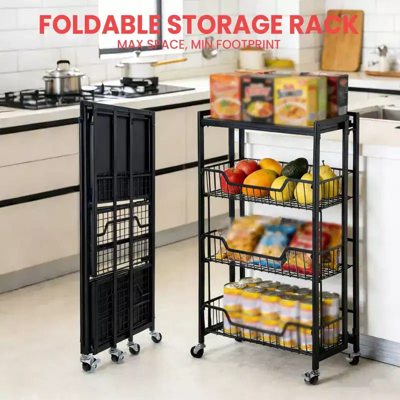 4-Tier Foldable Utility Kitchen Organizer and Storage Cart with Baskets, Rolling Pantry Kitchen Cart on Wheels for Fruit, Potato, Vegetable, Snack