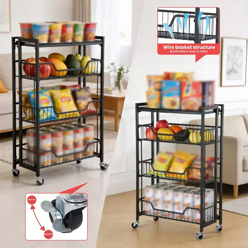 4-Tier Foldable Utility Kitchen Organizer and Storage Cart with Baskets, Rolling Pantry Kitchen Cart on Wheels for Fruit, Potato, Vegetable, Snack