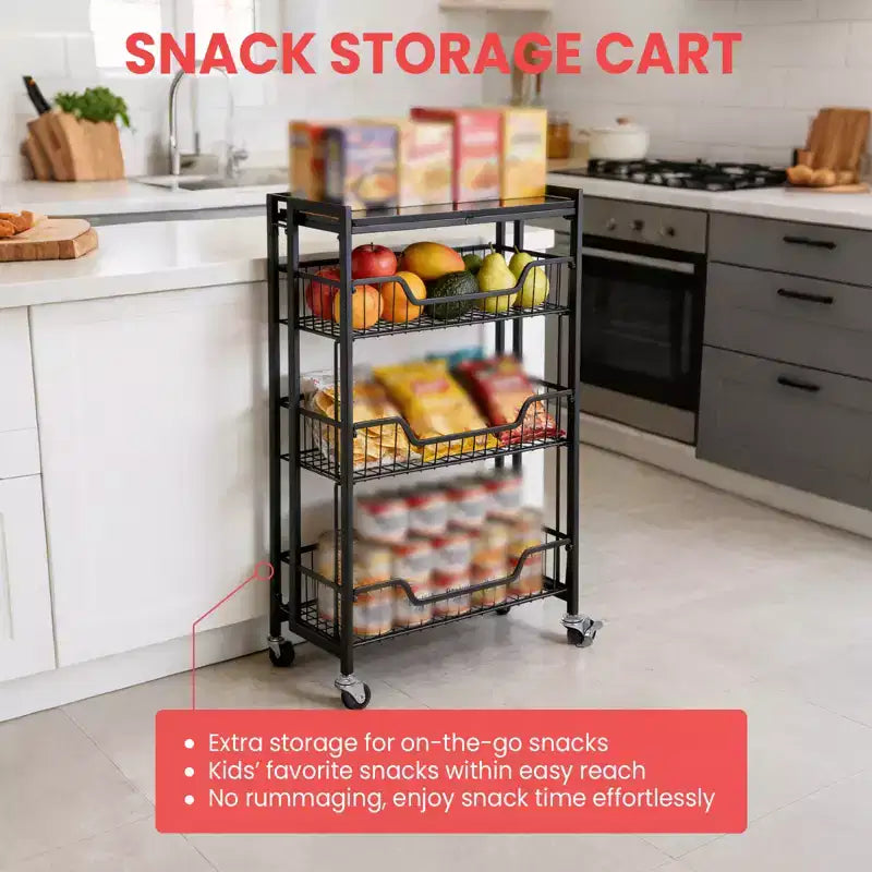4-Tier Foldable Utility Kitchen Organizer and Storage Cart with Baskets, Rolling Pantry Kitchen Cart on Wheels for Fruit, Potato, Vegetable, Snack
