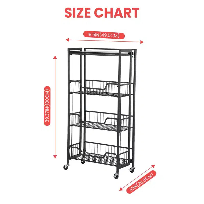 4-Tier Foldable Utility Kitchen Organizer and Storage Cart with Baskets, Rolling Pantry Kitchen Cart on Wheels for Fruit, Potato, Vegetable, Snack