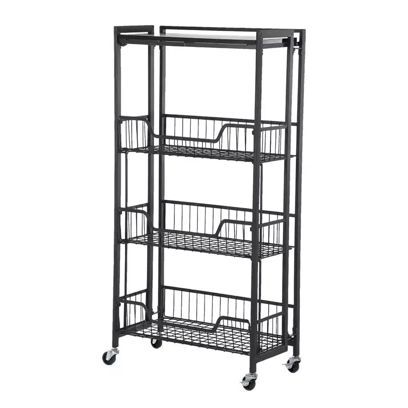 4-Tier Foldable Utility Kitchen Organizer and Storage Cart with Baskets, Rolling Pantry Kitchen Cart on Wheels for Fruit, Potato, Vegetable, Snack