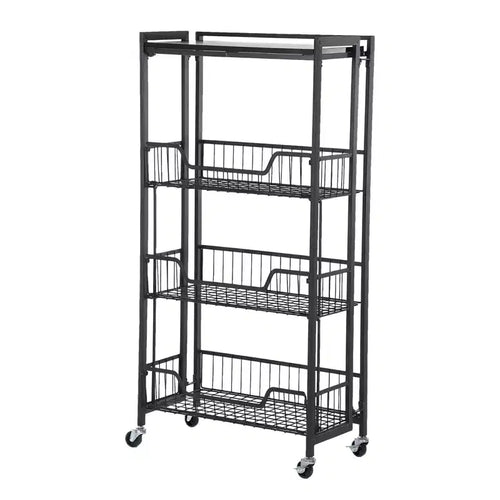 4-Tier Foldable Utility Kitchen Organizer and Storage Cart with Baskets, Rolling Pantry Kitchen Cart on Wheels for Fruit, Potato, Vegetable, Snack