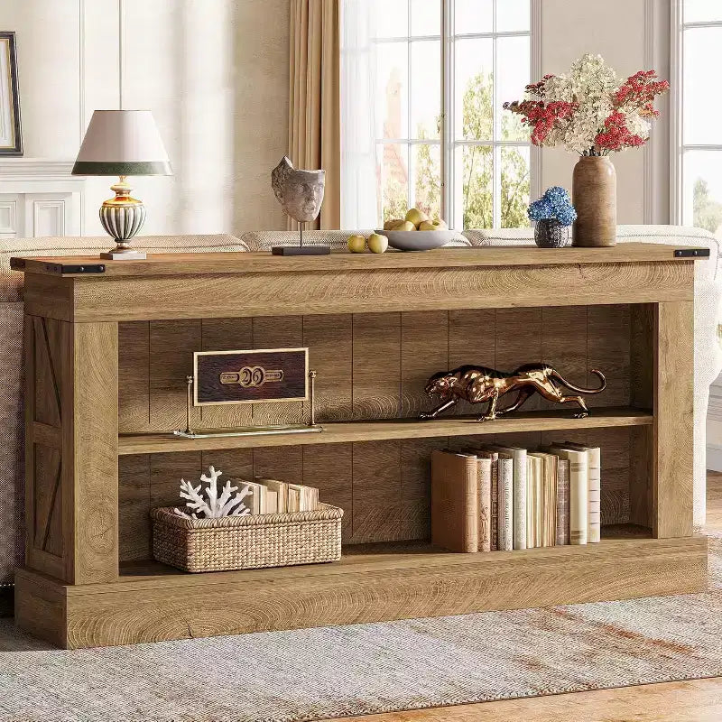 Lantine 63-Inch Long Console Table, Narrow Entry Table with Shelves for Entryway, Living Room, Farmhouse Sofa Behind Couch, Foyer, Hallway, Brown