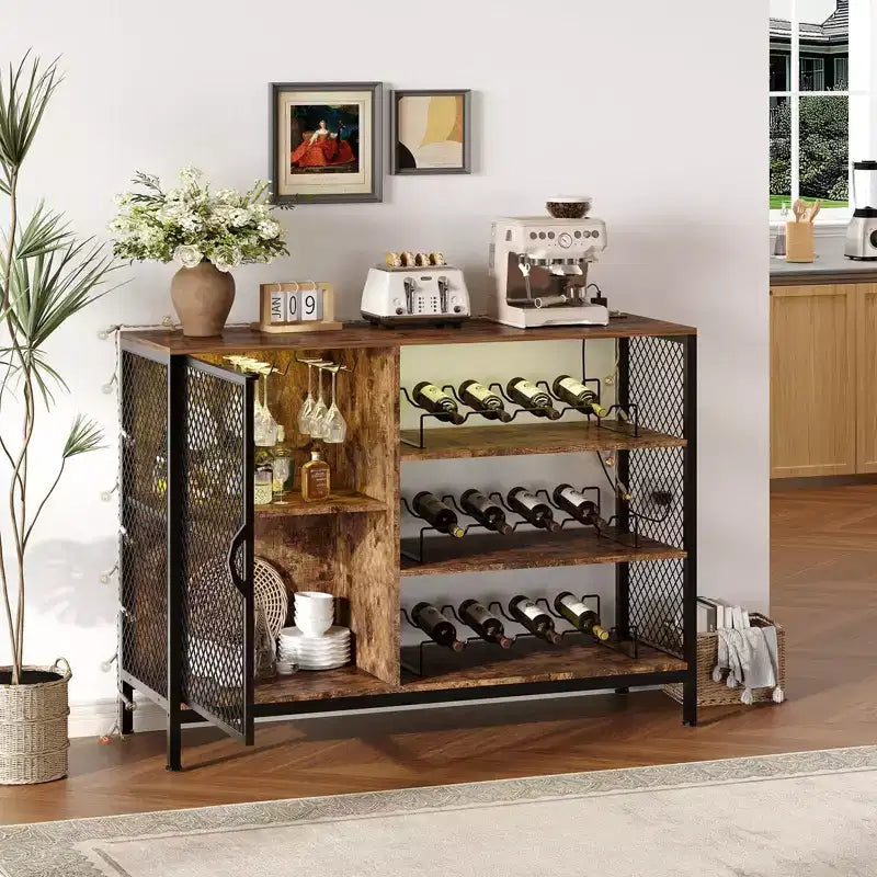 Coffee Bar Cabinet, 42/47 in Industrial Wood Liquor Cabinet with Lights & Power Outlets