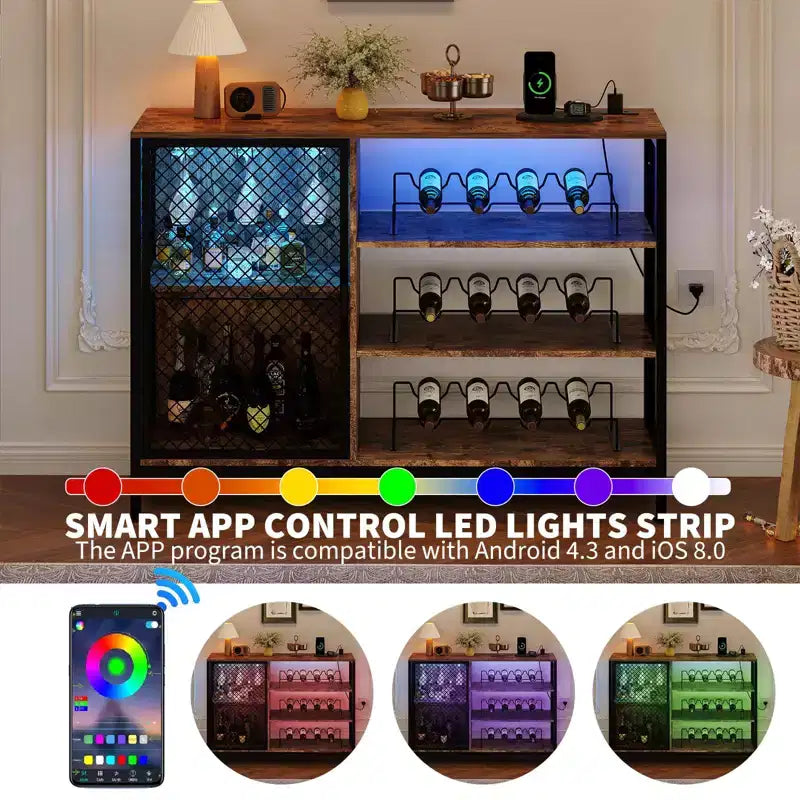 Coffee Bar Cabinet, 42/47 in Industrial Wood Liquor Cabinet with Lights & Power Outlets