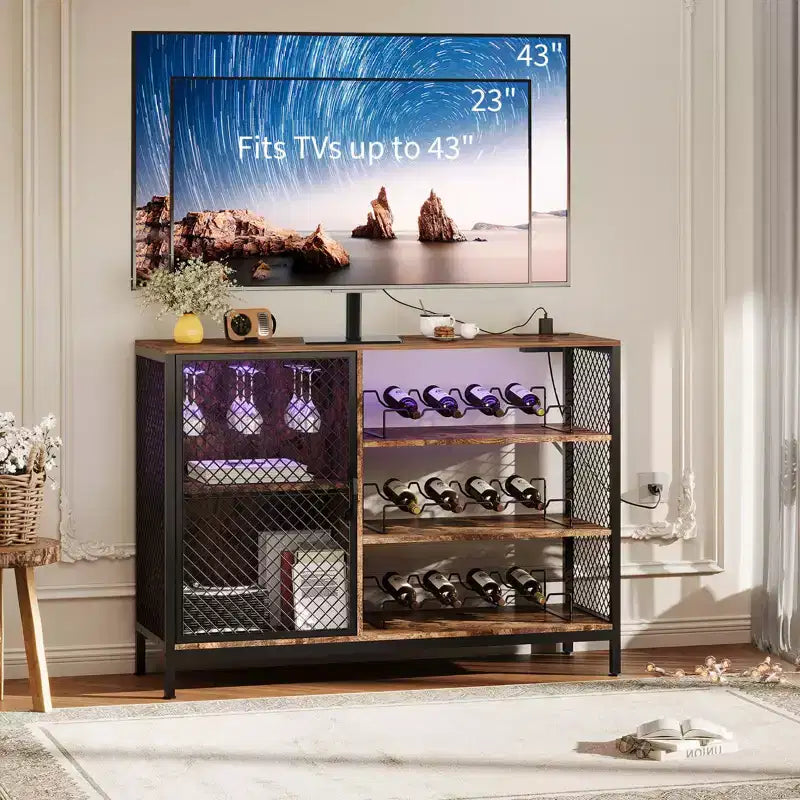 Coffee Bar Cabinet, 42/47 in Industrial Wood Liquor Cabinet with Lights & Power Outlets