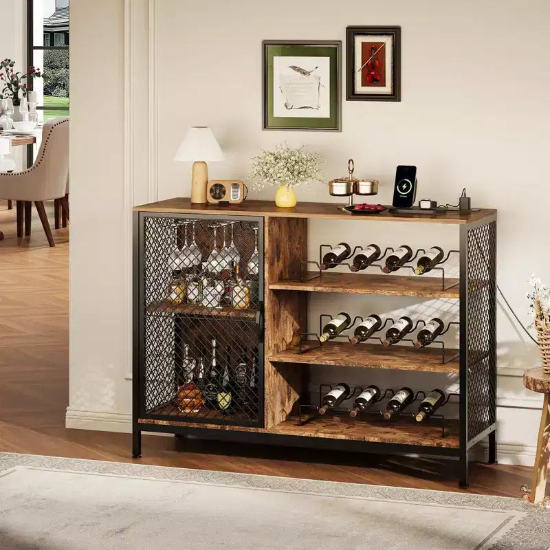 Coffee Bar Cabinet, 42/47 in Industrial Wood Liquor Cabinet with Lights & Power Outlets
