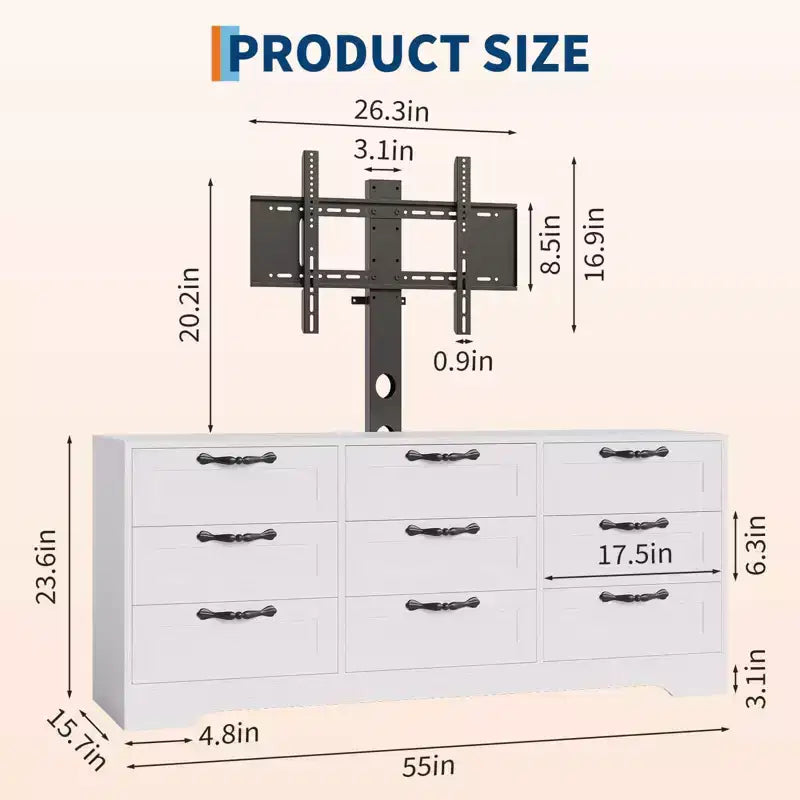 65 Modern TV Stand with Mount for 75 Inch TV, 9 Drawer Adjustable Height Media Console,Sturdy MDF Entertainment Center
