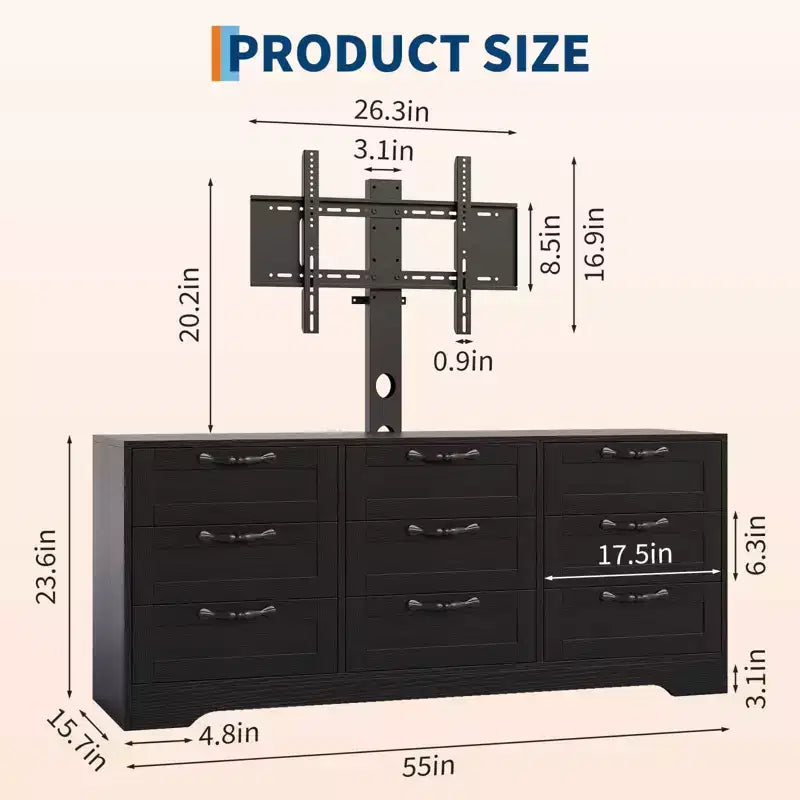 65 Modern TV Stand with Mount for 75 Inch TV, 9 Drawer Adjustable Height Media Console,Sturdy MDF Entertainment Center