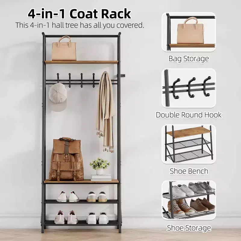 Hall Tree with Bench and Shoe Storage, 4-in-1 Coat Rack Entryway Bench,Hallway Organizer with Metal Frame for Entryway, Living Room, Bedroom