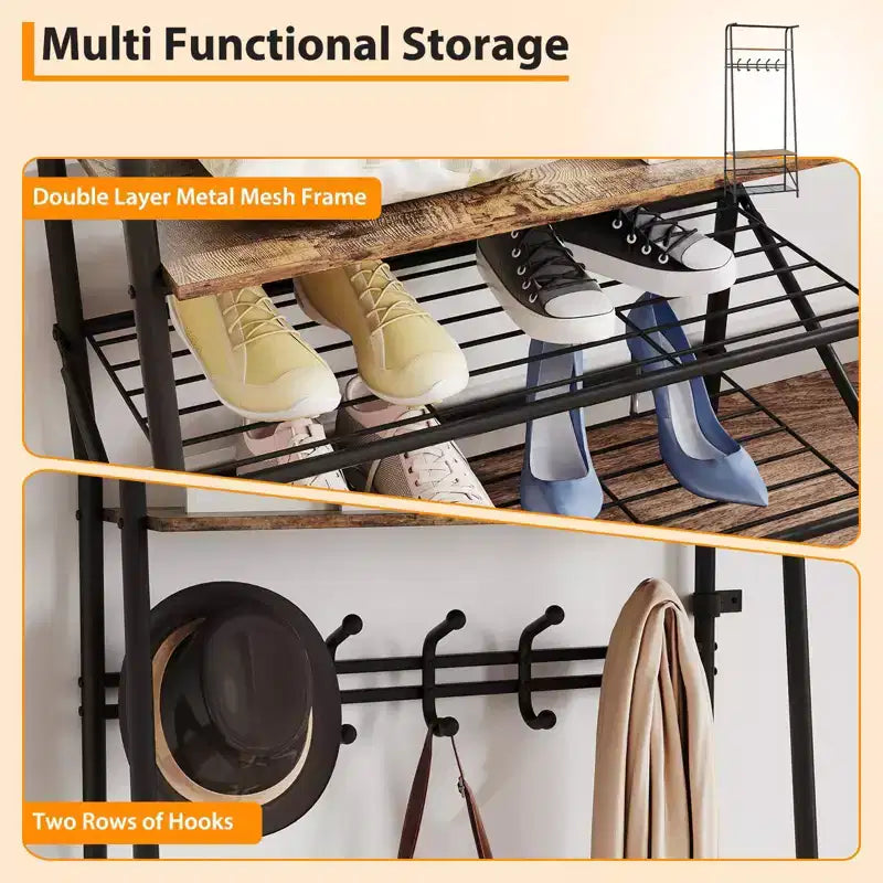 Hall Tree with Bench and Shoe Storage, 4-in-1 Coat Rack Entryway Bench,Hallway Organizer with Metal Frame for Entryway, Living Room, Bedroom