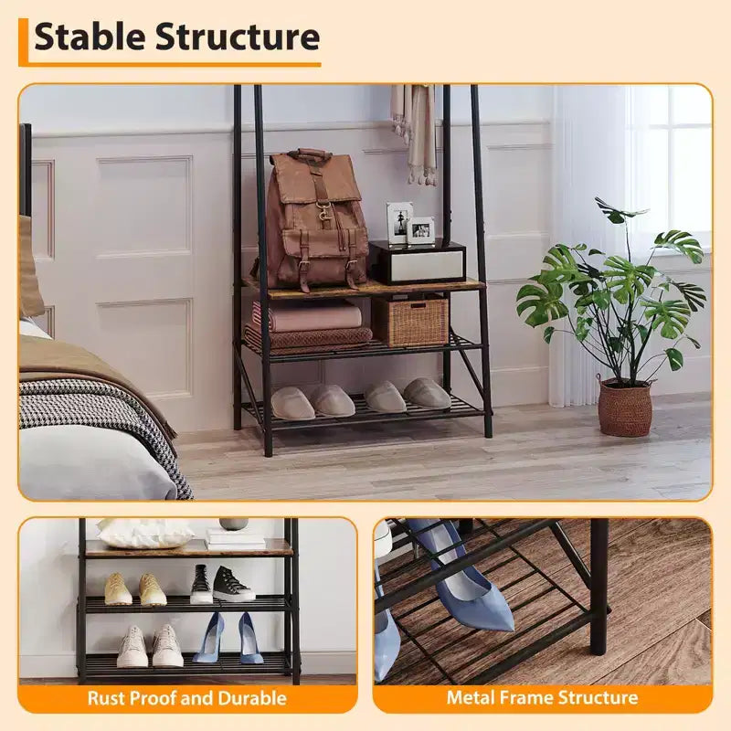 Hall Tree with Bench and Shoe Storage, 4-in-1 Coat Rack Entryway Bench,Hallway Organizer with Metal Frame for Entryway, Living Room, Bedroom