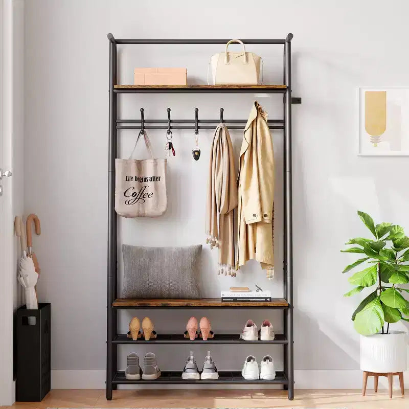 Hall Tree with Bench and Shoe Storage, 4-in-1 Coat Rack Entryway Bench,Hallway Organizer with Metal Frame for Entryway, Living Room, Bedroom