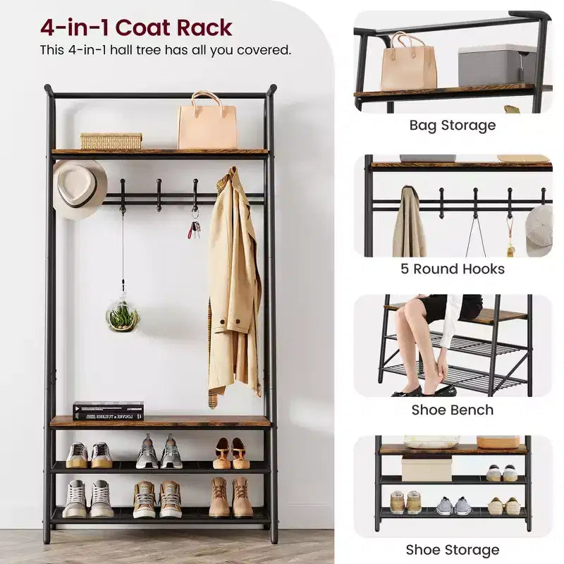 Hall Tree with Bench and Shoe Storage, 4-in-1 Coat Rack Entryway Bench,Hallway Organizer with Metal Frame for Entryway, Living Room, Bedroom