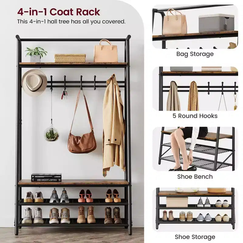 Hall Tree with Bench and Shoe Storage, 4-in-1 Coat Rack Entryway Bench,Hallway Organizer with Metal Frame for Entryway, Living Room, Bedroom