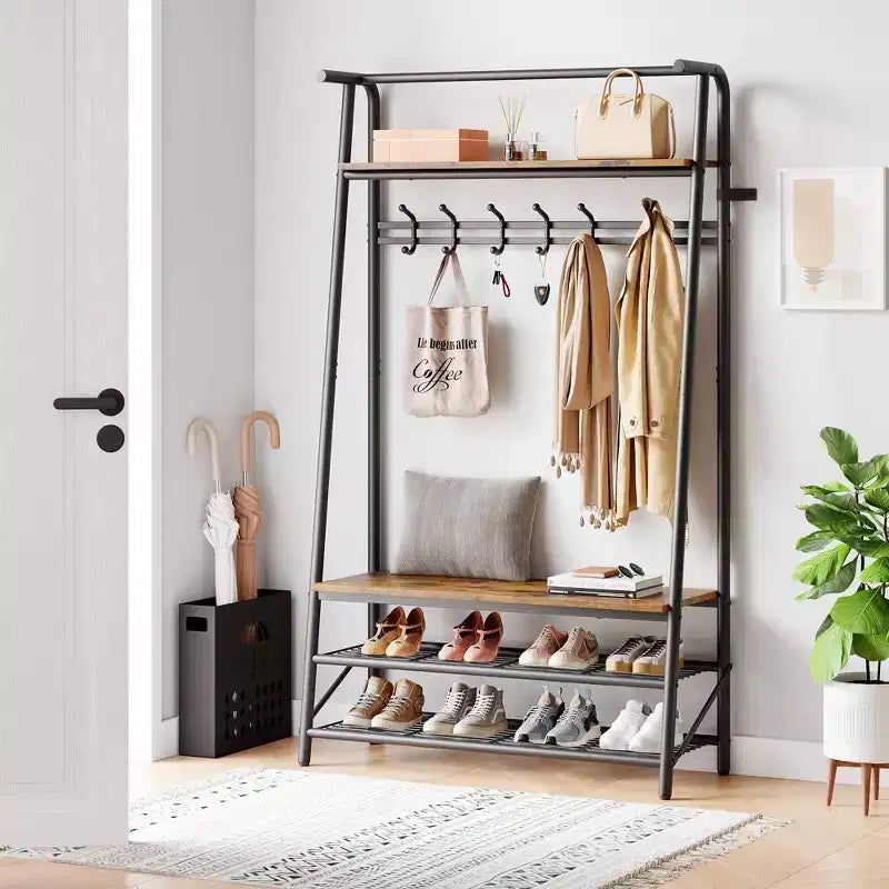 Hall Tree with Bench and Shoe Storage, 4-in-1 Coat Rack Entryway Bench,Hallway Organizer with Metal Frame for Entryway, Living Room, Bedroom