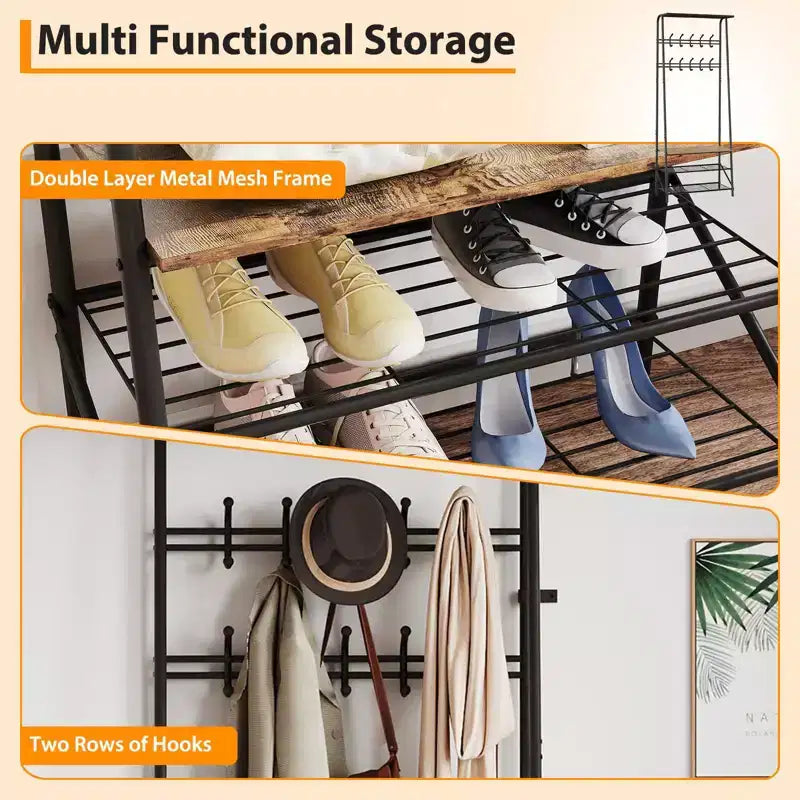 Hall Tree with Bench and Shoe Storage, 4-in-1 Coat Rack Entryway Bench,Hallway Organizer with Metal Frame for Entryway, Living Room, Bedroom