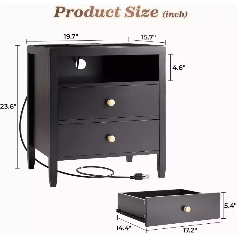 Nightstand with Charging Station & 2 Drawers. Modern Black Bedside Table with Storage, Metal Knobs & Painted Finish