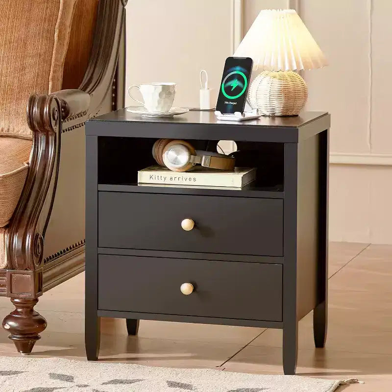 Nightstand with Charging Station & 2 Drawers. Modern Black Bedside Table with Storage, Metal Knobs & Painted Finish
