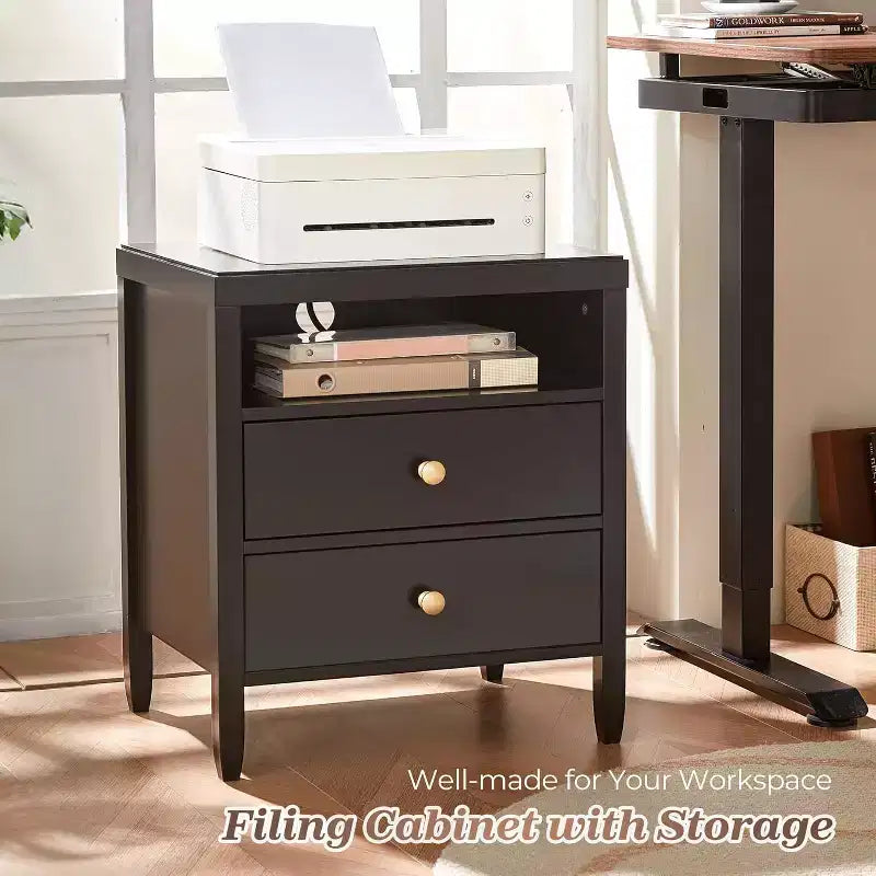 Nightstand with Charging Station & 2 Drawers. Modern Black Bedside Table with Storage, Metal Knobs & Painted Finish