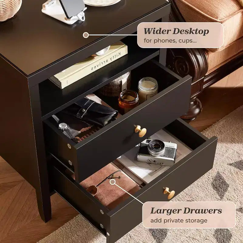 Nightstand with Charging Station & 2 Drawers. Modern Black Bedside Table with Storage, Metal Knobs & Painted Finish