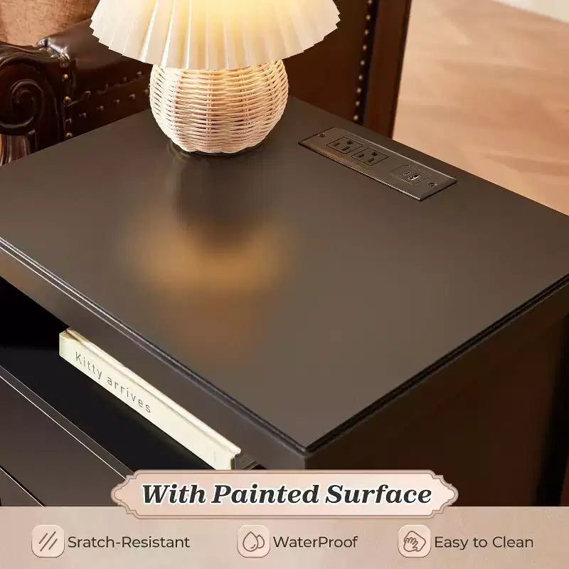 Nightstand with Charging Station & 2 Drawers. Modern Black Bedside Table with Storage, Metal Knobs & Painted Finish