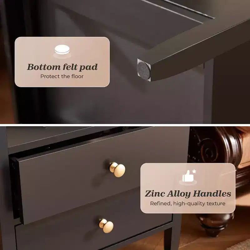 Nightstand with Charging Station & 2 Drawers. Modern Black Bedside Table with Storage, Metal Knobs & Painted Finish
