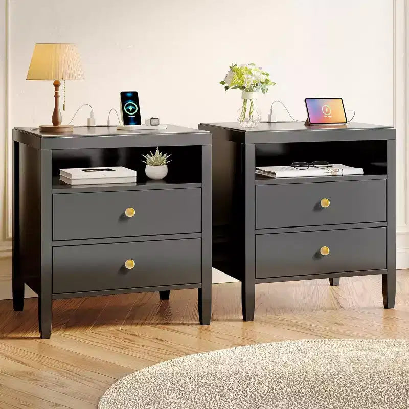 Nightstand with Charging Station & 2 Drawers. Modern Black Bedside Table with Storage, Metal Knobs & Painted Finish