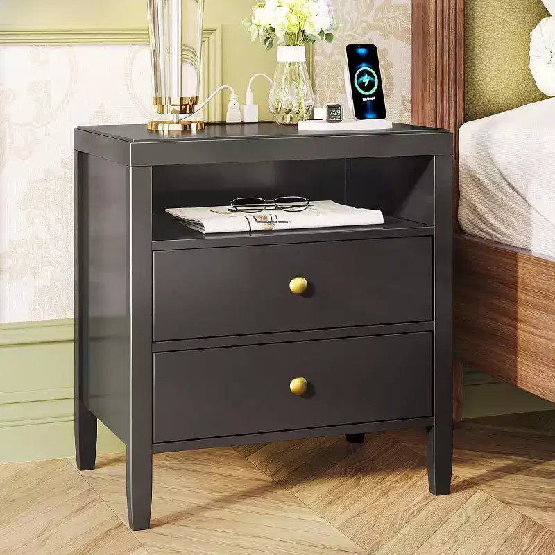 Nightstand with Charging Station & 2 Drawers. Modern Black Bedside Table with Storage, Metal Knobs & Painted Finish