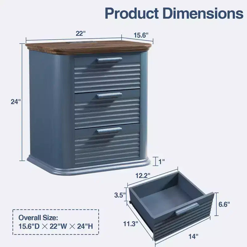 GDFStudio Rosy 22 Fluted Wood Nightstand with Charging Station and 3 Drawers