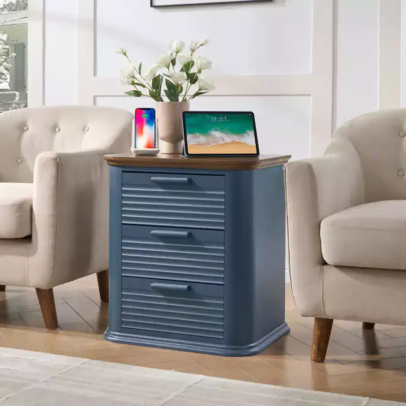 GDFStudio Rosy 22 Fluted Wood Nightstand with Charging Station and 3 Drawers