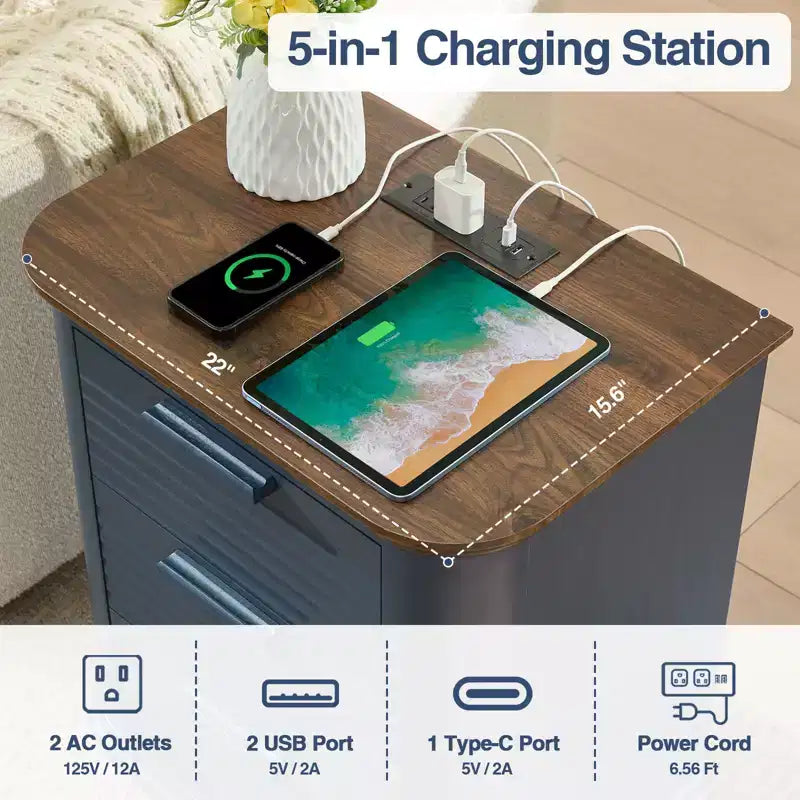 GDFStudio Rosy 22 Fluted Wood Nightstand with Charging Station and 3 Drawers