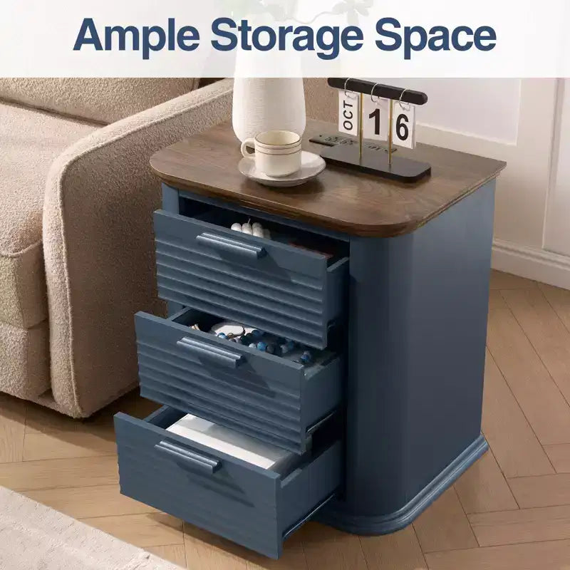GDFStudio Rosy 22 Fluted Wood Nightstand with Charging Station and 3 Drawers