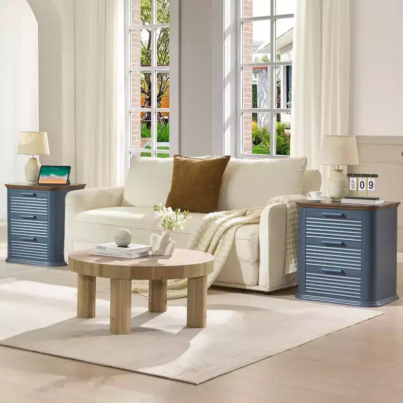 GDFStudio Rosy 22 Fluted Wood Nightstand with Charging Station and 3 Drawers