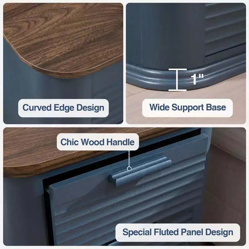 GDFStudio Rosy 22 Fluted Wood Nightstand with Charging Station and 3 Drawers