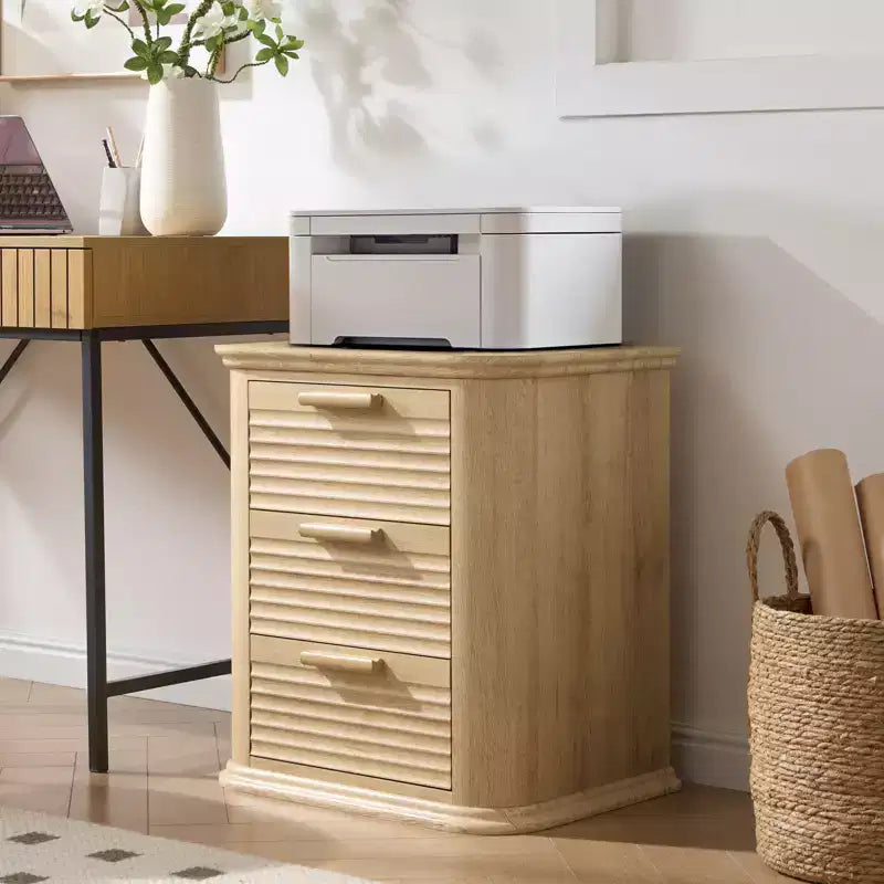 GDFStudio Rosy 22 Fluted Wood Nightstand with Charging Station and 3 Drawers