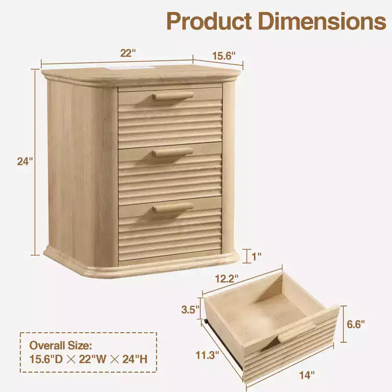 GDFStudio Rosy 22 Fluted Wood Nightstand with Charging Station and 3 Drawers