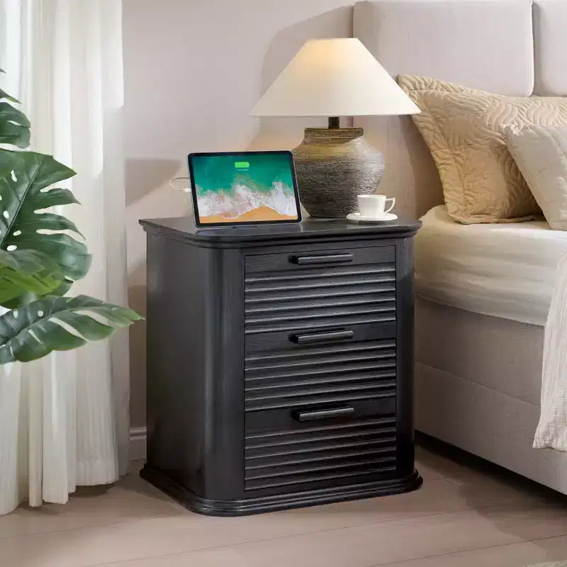 GDFStudio Rosy 22 Fluted Wood Nightstand with Charging Station and 3 Drawers