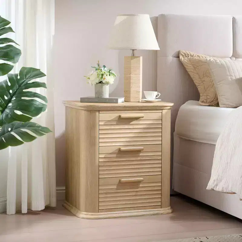 GDFStudio Rosy 22 Fluted Wood Nightstand with Charging Station and 3 Drawers