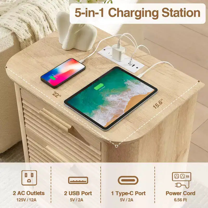 GDFStudio Rosy 22 Fluted Wood Nightstand with Charging Station and 3 Drawers