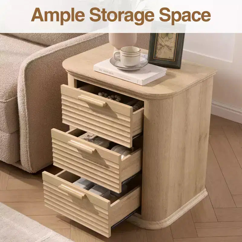 GDFStudio Rosy 22 Fluted Wood Nightstand with Charging Station and 3 Drawers