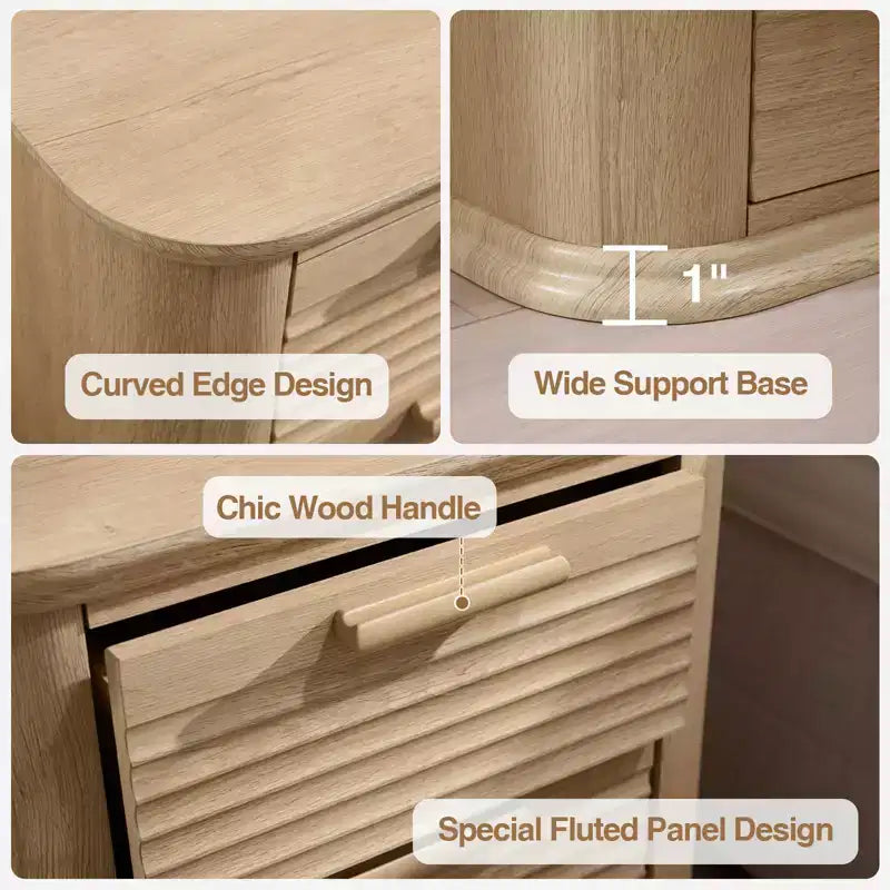 GDFStudio Rosy 22 Fluted Wood Nightstand with Charging Station and 3 Drawers