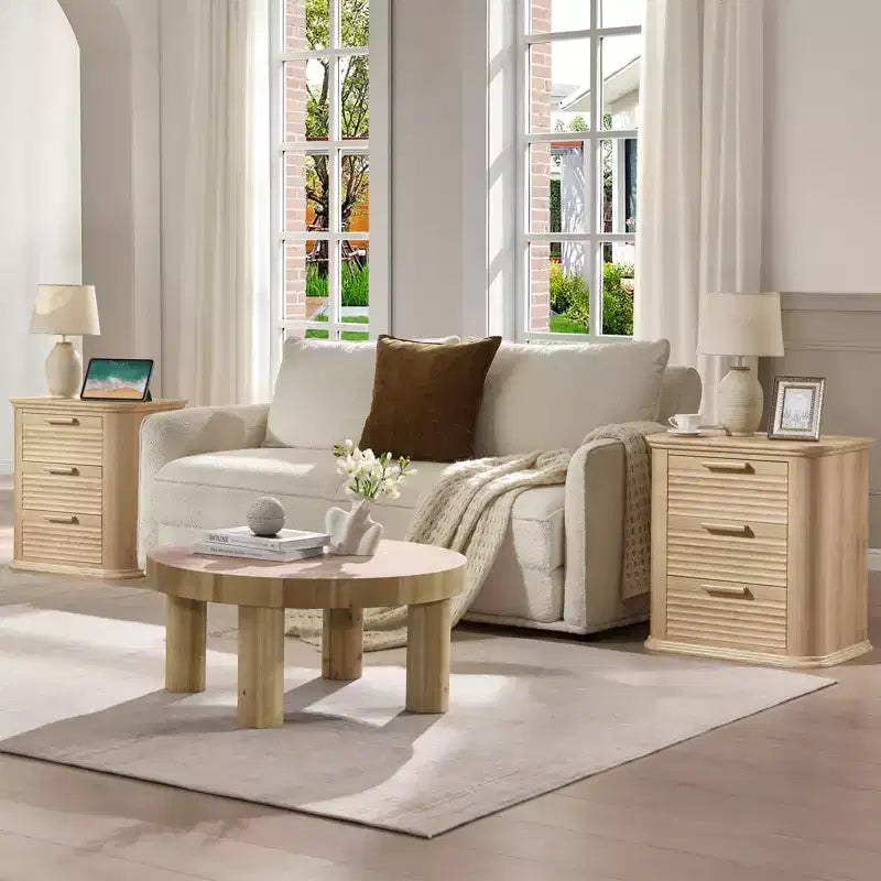 GDFStudio Rosy 22 Fluted Wood Nightstand with Charging Station and 3 Drawers